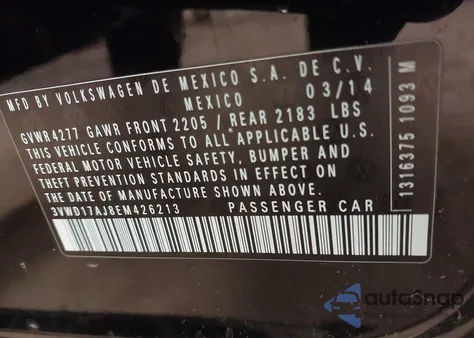 2014 Volkswagen Jetta 1.8T Se из США, поврежденный, VIN 3VWD17AJ8EM426213